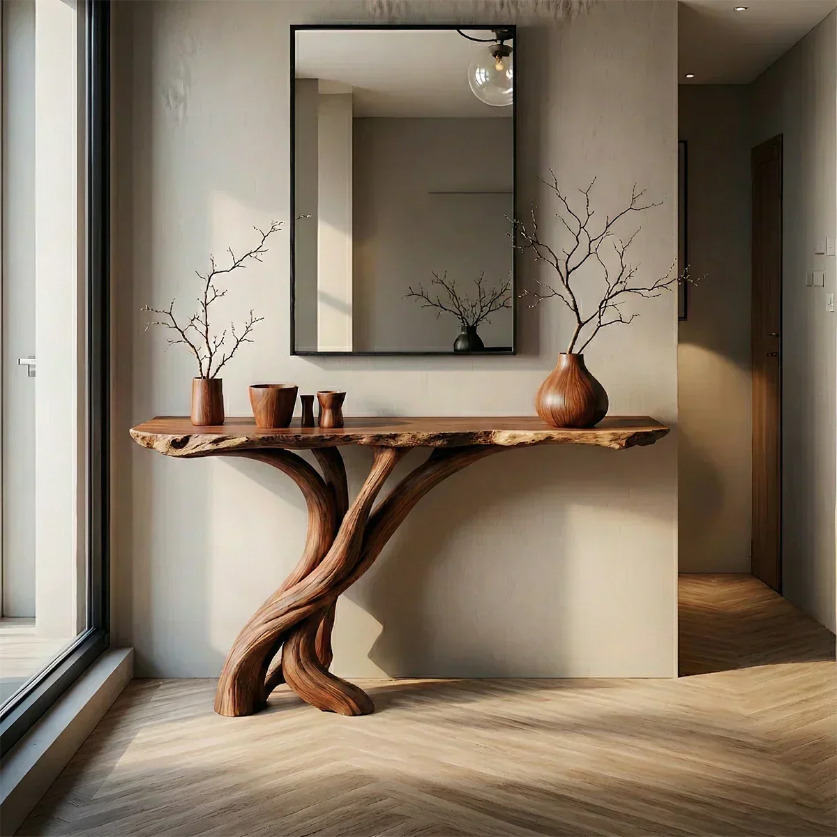 Natural Solid Wood Japandi Twisted-Root Console Table - Rustiracraft
