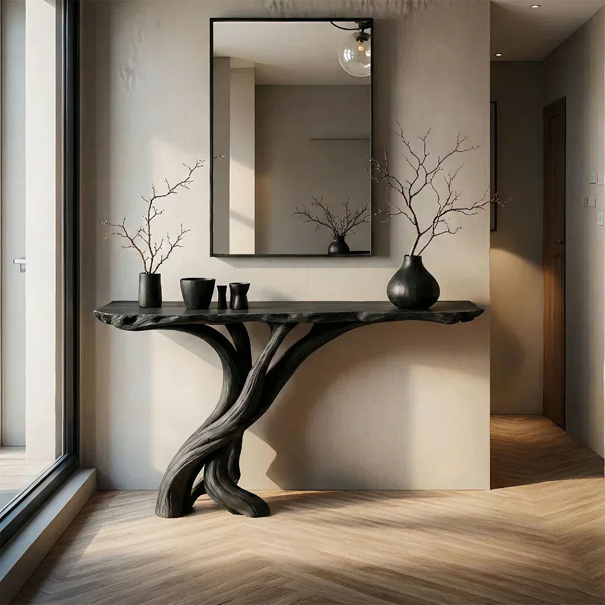 Natural Solid Wood Japandi Twisted-Root Console Table - Rustiracraft