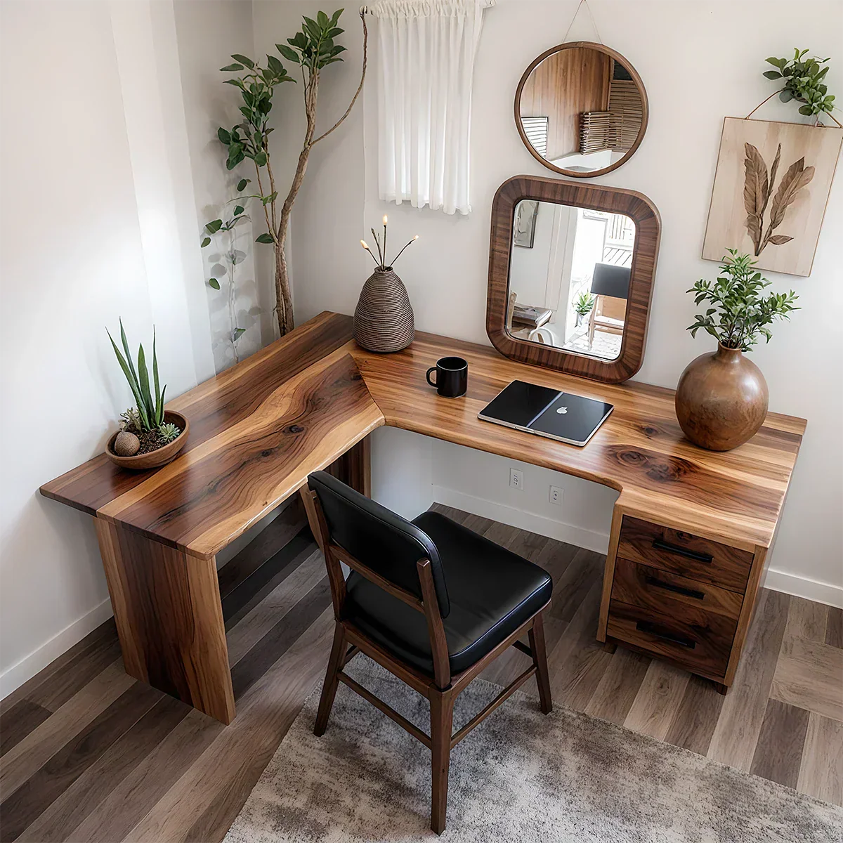 Natural Solid Wood L-Shape Desk with Drawer Cabinet - Rustiracraft