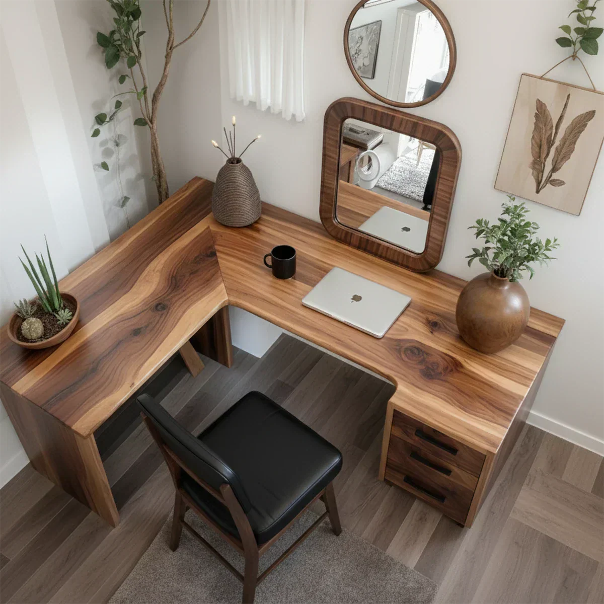 Natural Solid Wood L-Shape Desk with Drawer Cabinet - Rustiracraft