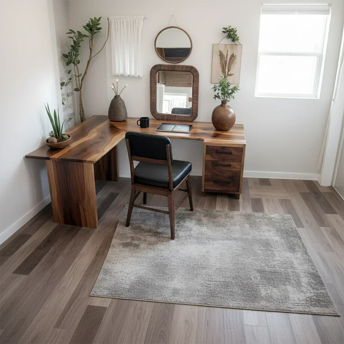 Natural Solid Wood L-Shape Desk with Drawer Cabinet - Rustiracraft