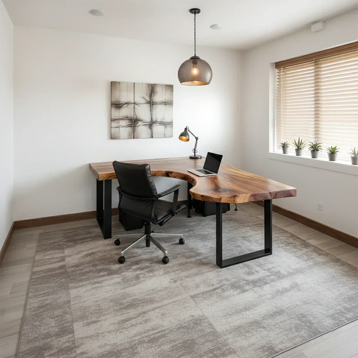 Natural Solid Wood L-Shape Live Edge Desk with Modern Steel Base - Rustiracraft