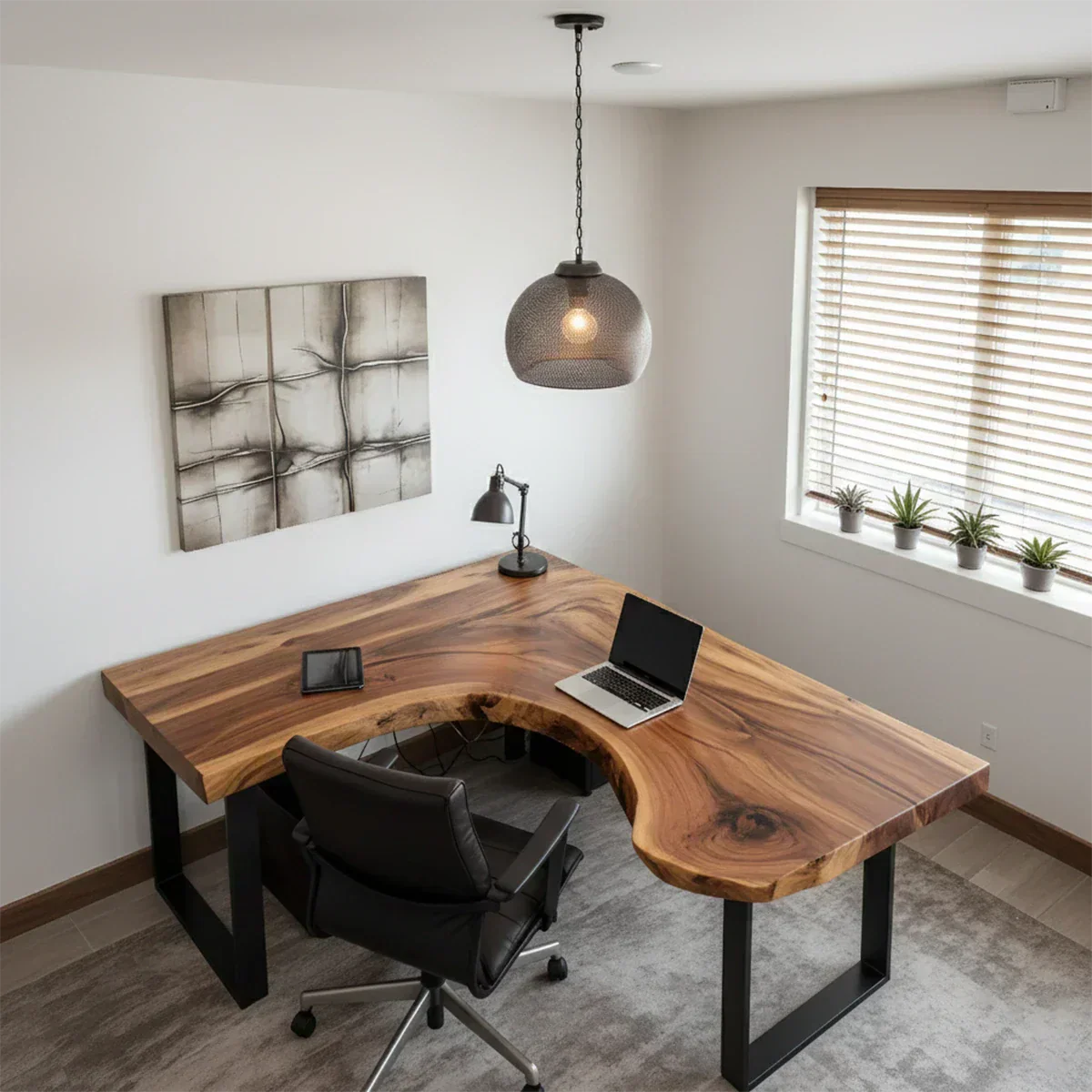 Natural Solid Wood L-Shape Live Edge Desk with Modern Steel Base - Rustiracraft