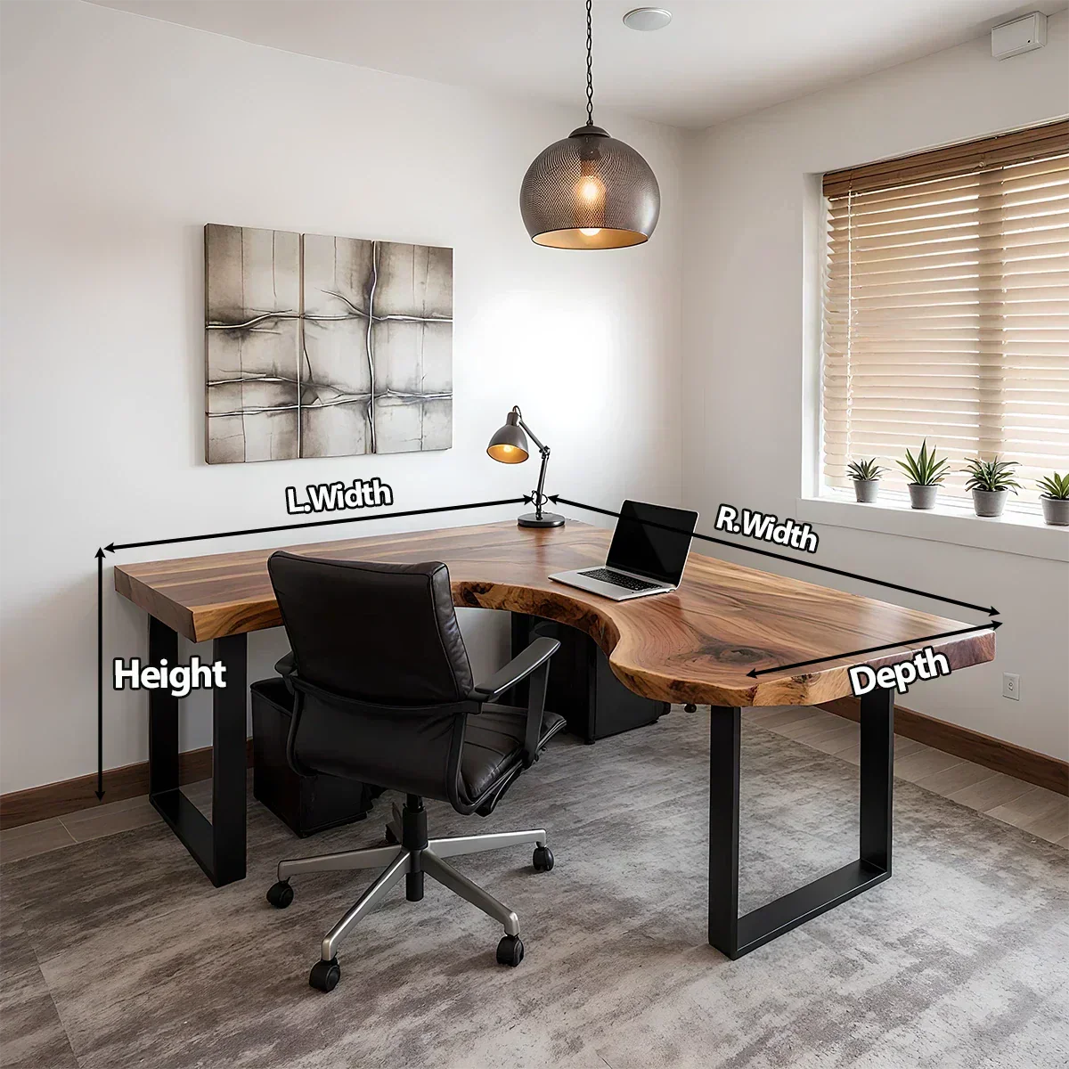 Natural Solid Wood L-Shape Live Edge Desk with Modern Steel Base - Rustiracraft