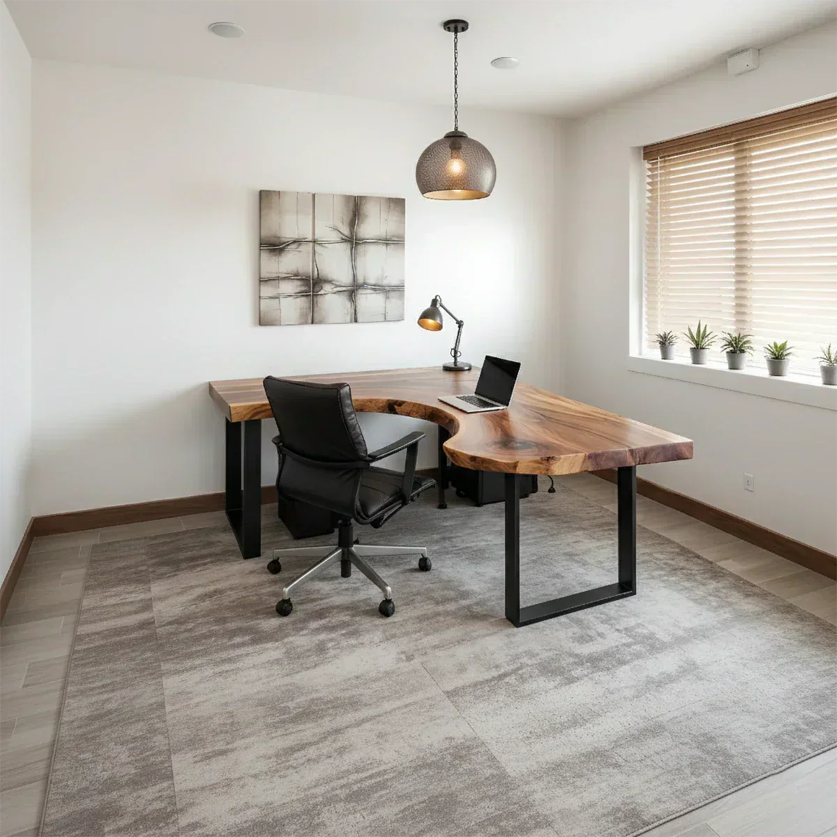 Natural Solid Wood L-Shape Live Edge Desk with Modern Steel Base - Rustiracraft