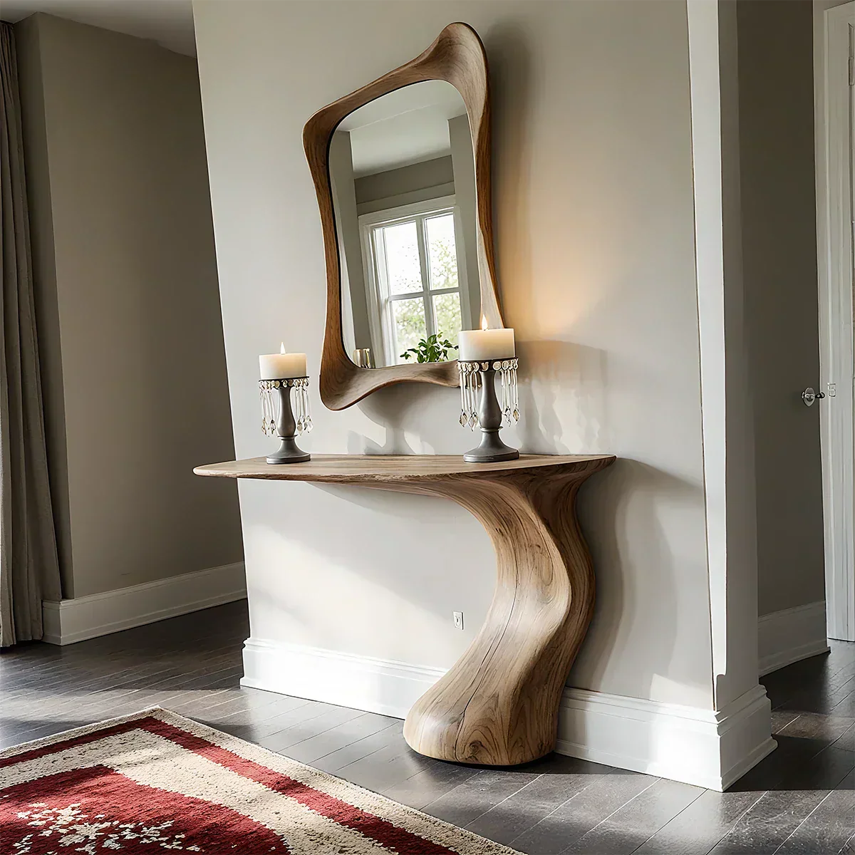 Natural Solid Wood Sculptural Console Table in Modern Wabi-Sabi Form - Rustiracraft