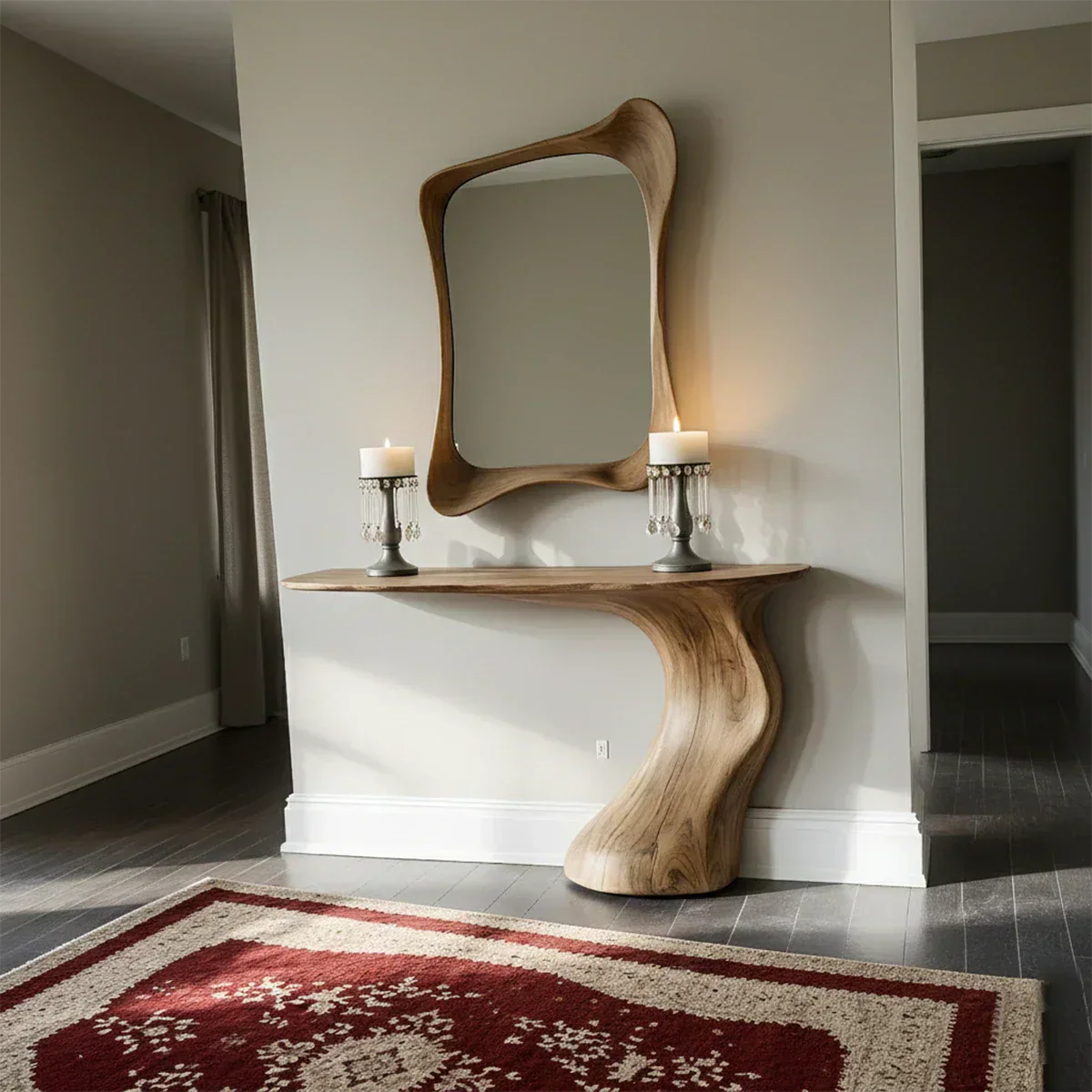 Natural Solid Wood Sculptural Console Table in Modern Wabi-Sabi Form - Rustiracraft