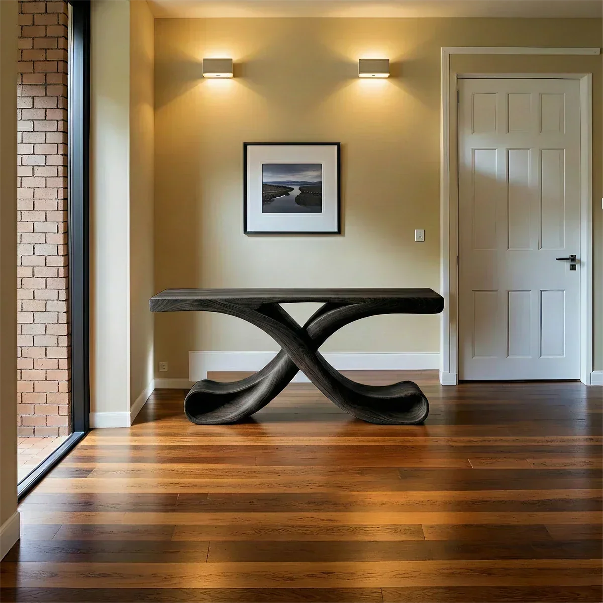 Natural Solid Wood Sculptural Console with Flowing Curved Base – Modern Japandi - Rustiracraft