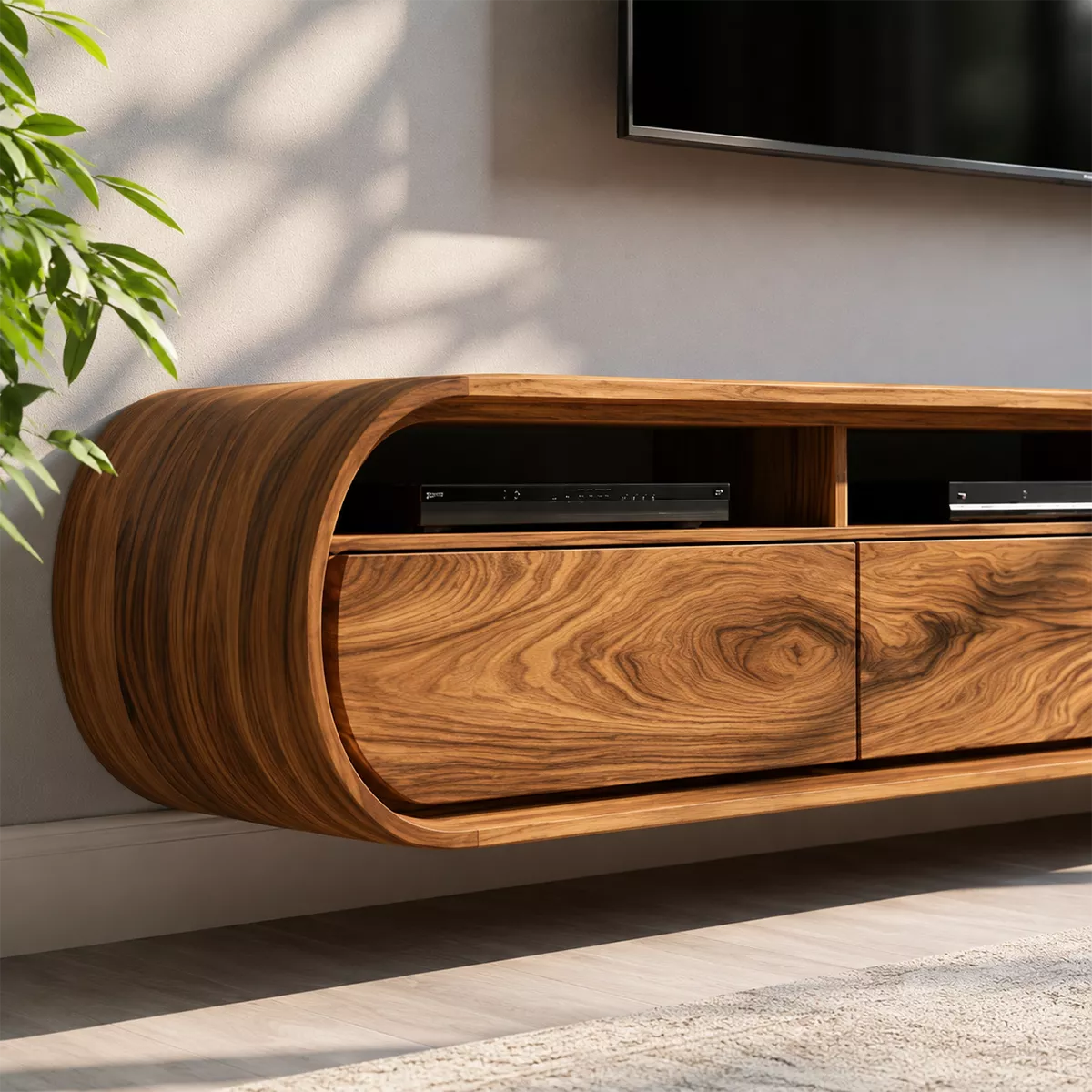 Natural Solid Wood TV Stand with Curved Cabinet Doors Minimalist Style - Rustiracraft