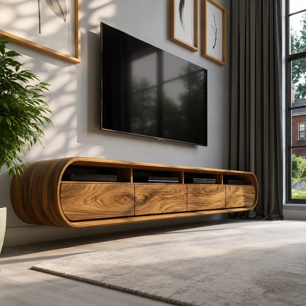 Natural Solid Wood TV Stand with Curved Cabinet Doors Minimalist Style - Rustiracraft