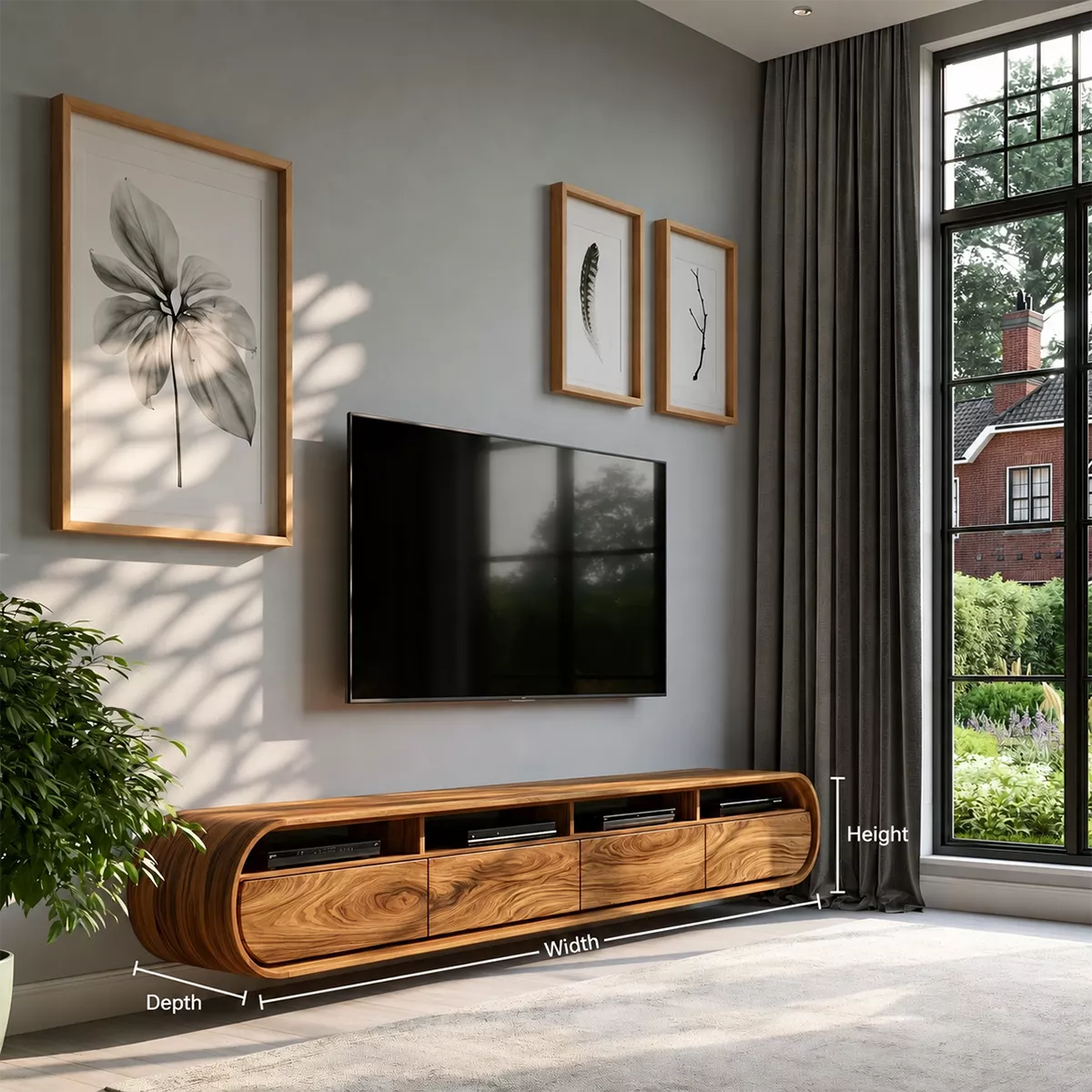 Natural Solid Wood TV Stand with Curved Cabinet Doors Minimalist Style - Rustiracraft