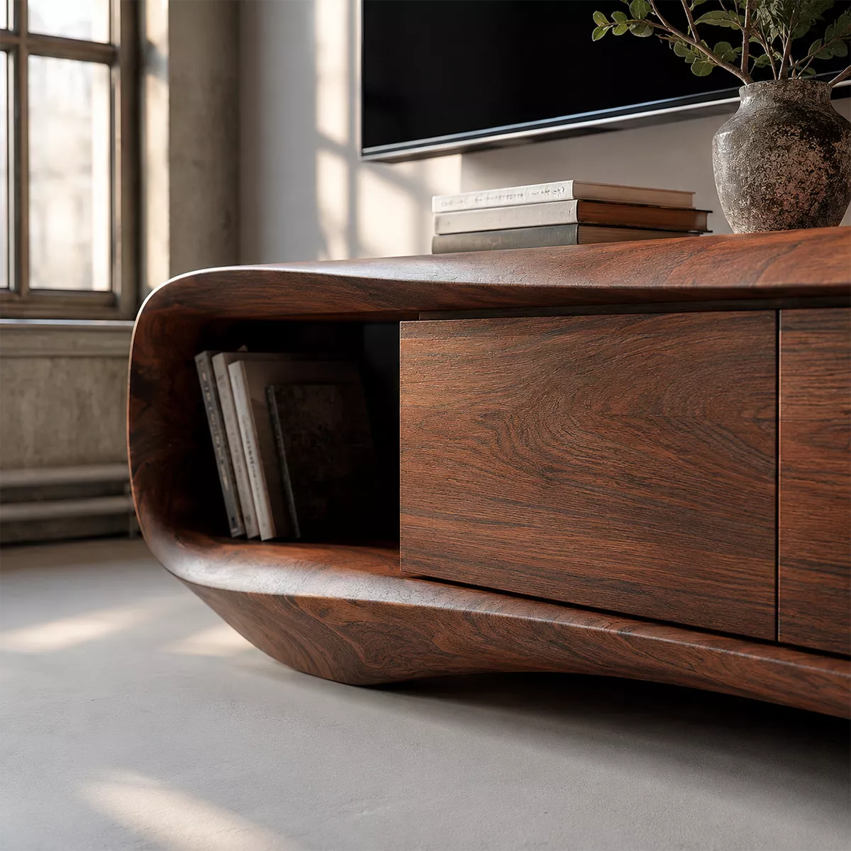 Natural Solid Wood TV Stand with Curved Form Open Nook Japandi Style - Rustiracraft