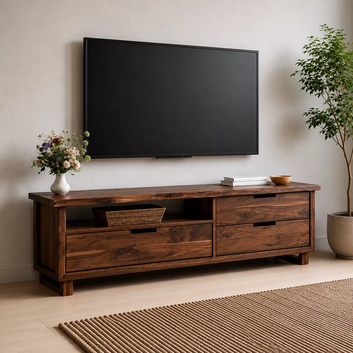 Natural Solid Wood TV Stand with Four Drawers Open Nook Scandinavian - Rustiracraft