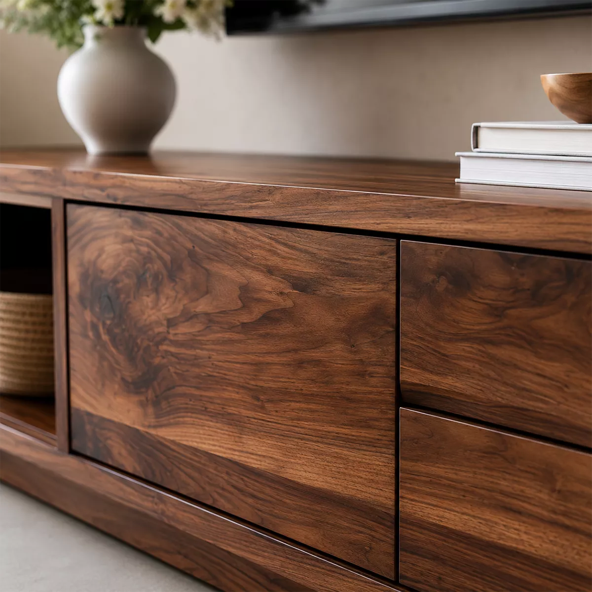 Natural Solid Wood TV Stand with Open Nook Two Drawers Scandinavian - Rustiracraft