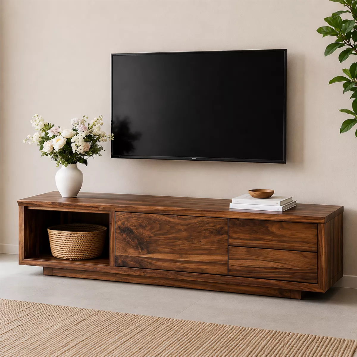 Natural Solid Wood TV Stand with Open Nook Two Drawers Scandinavian - Rustiracraft