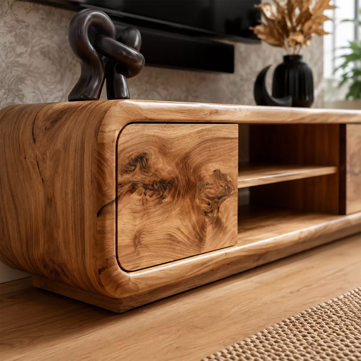Natural Solid Wood TV Stand with Rounded Cabinet Doors Modern Style - Rustiracraft