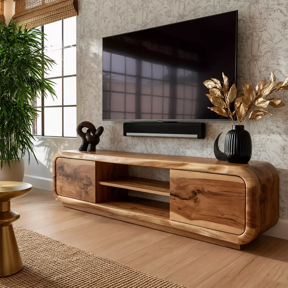 Natural Solid Wood TV Stand with Rounded Cabinet Doors Modern Style - Rustiracraft