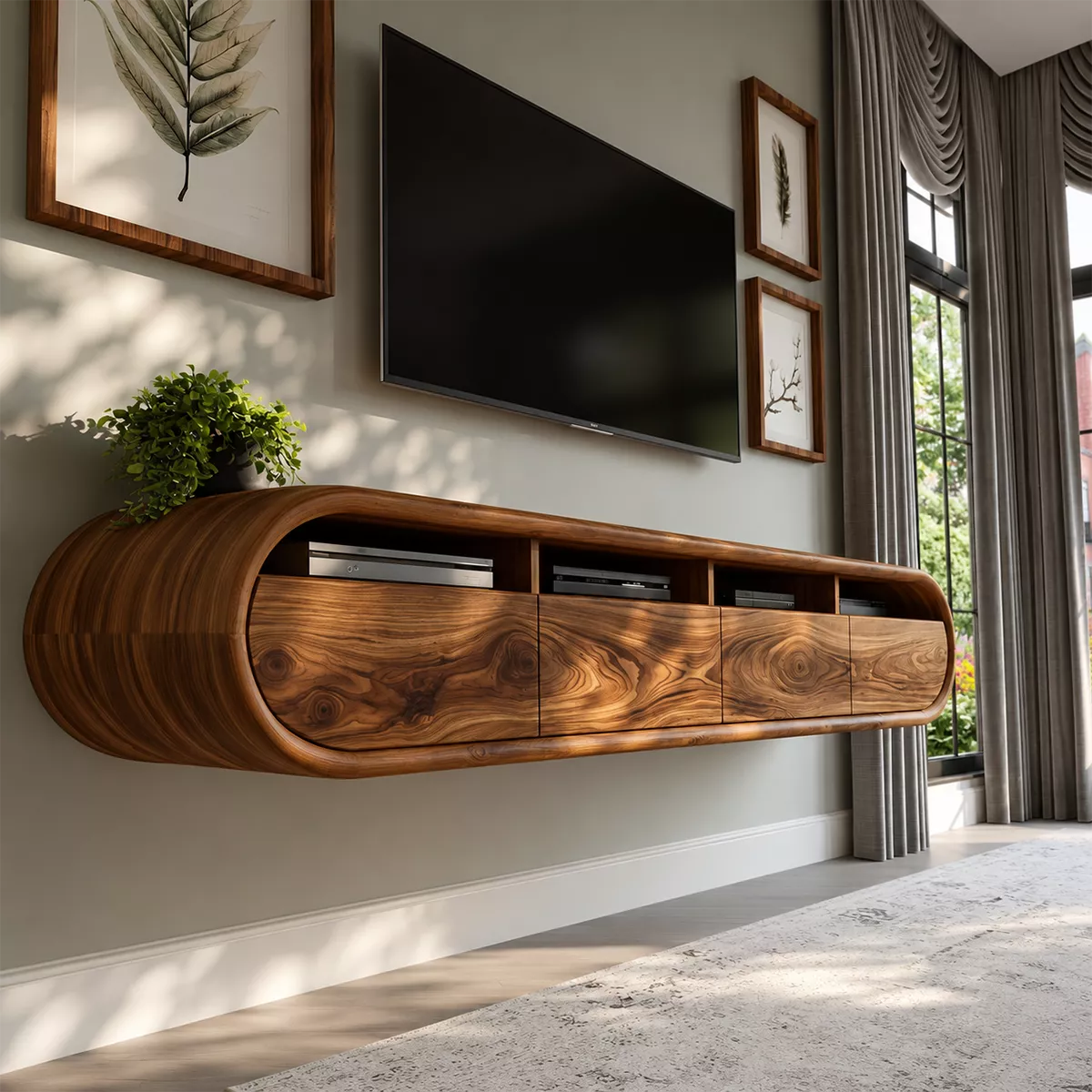 Natural Solid Wood TV Stand with Rounded Cabinet Doors Scandinavian - Rustiracraft