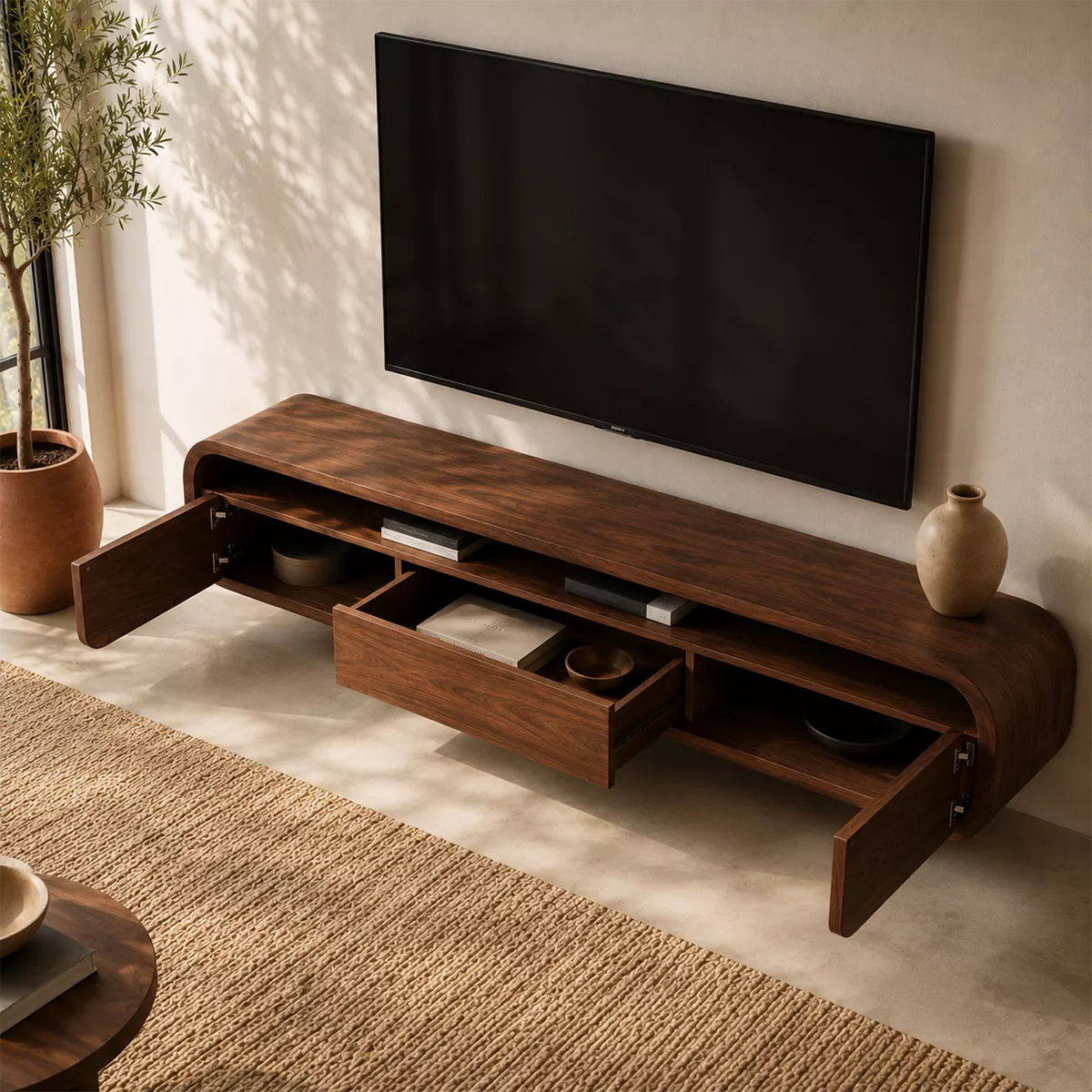 Natural Solid Wood TV Stand with Rounded Drawers Modern Style - Rustiracraft