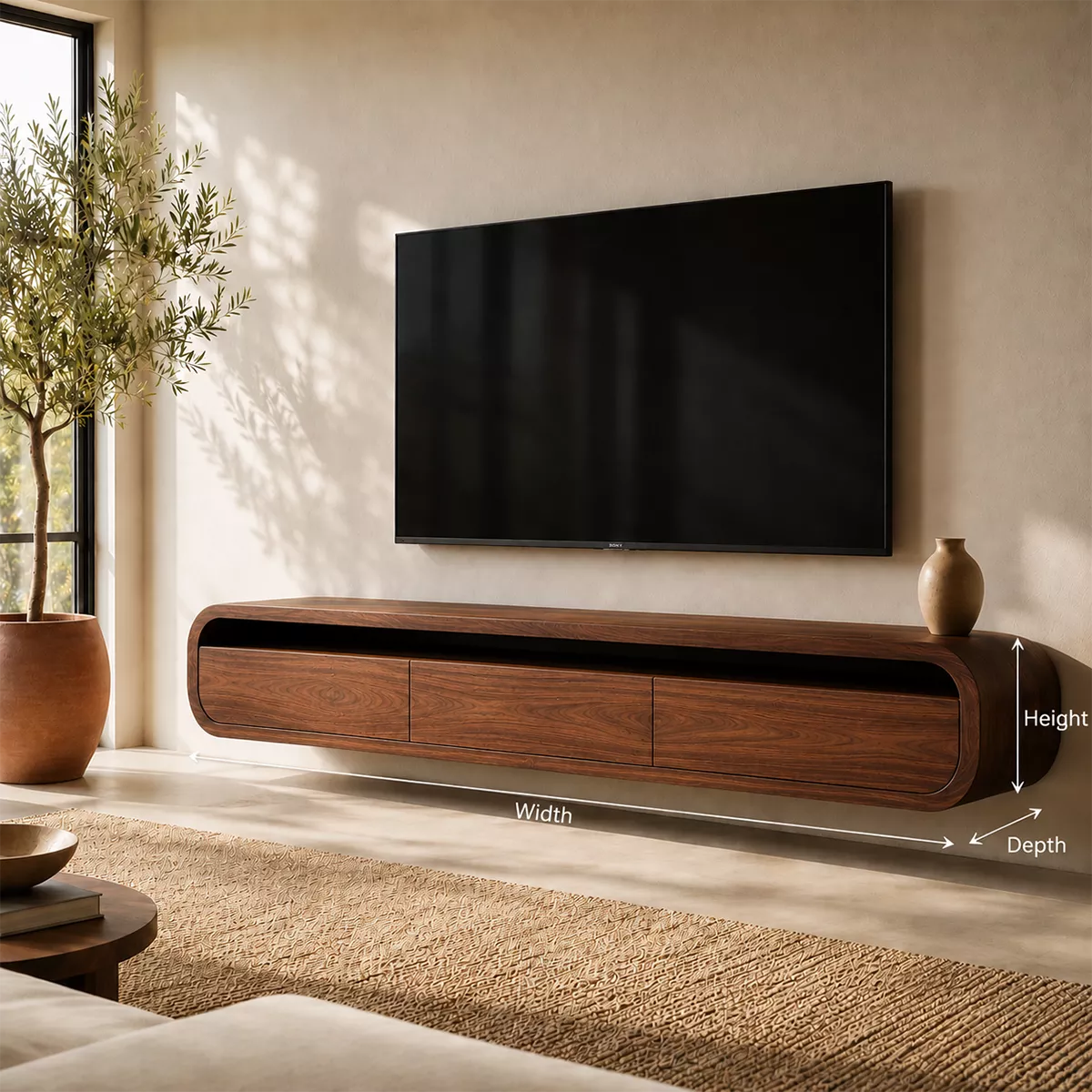 Natural Solid Wood TV Stand with Rounded Drawers Modern Style - Rustiracraft