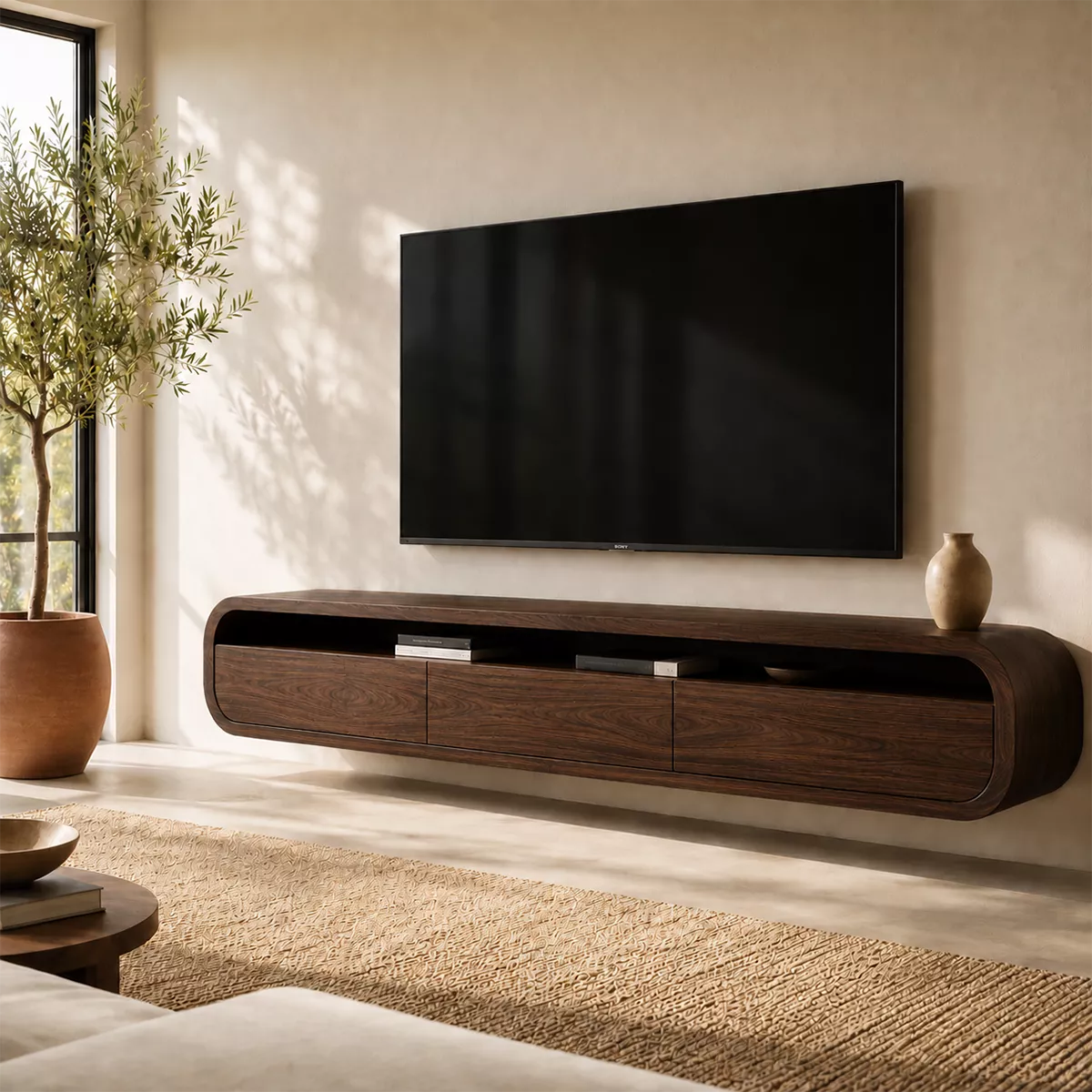 Natural Solid Wood TV Stand with Rounded Drawers Modern Style - Rustiracraft