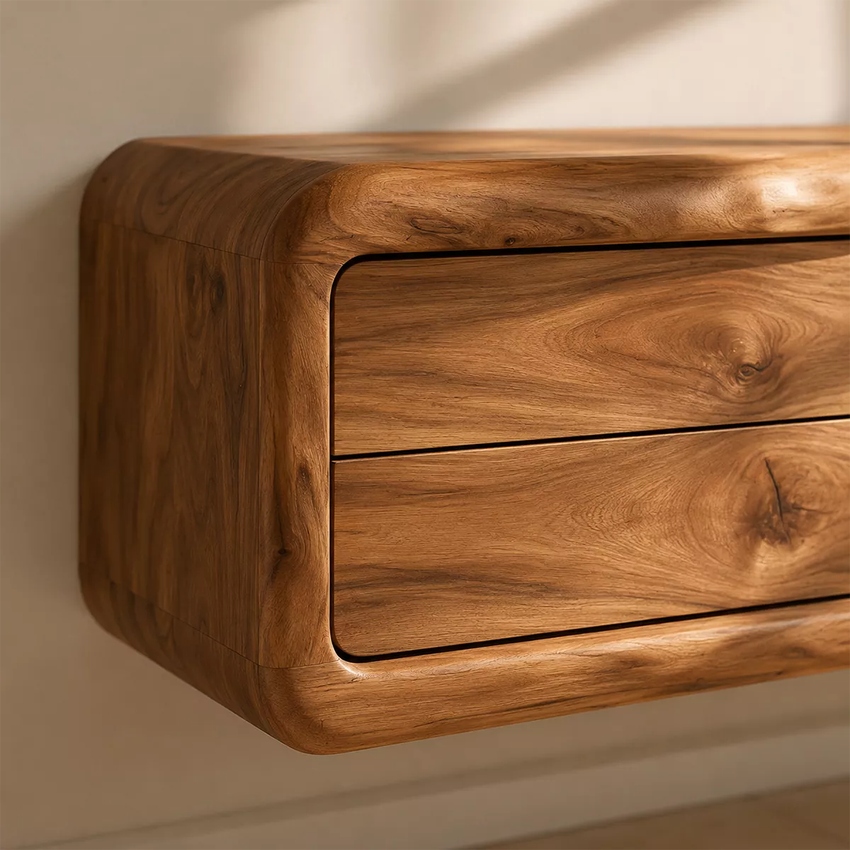 Natural Solid Wood TV Stand with Rounded Drawers Open Shelves Japandi - Rustiracraft