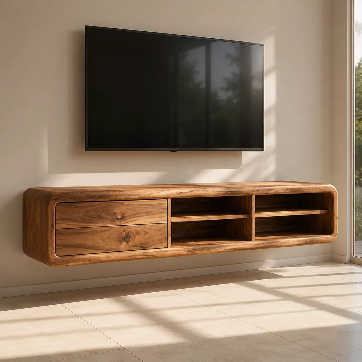 Natural Solid Wood TV Stand with Rounded Drawers Open Shelves Japandi - Rustiracraft