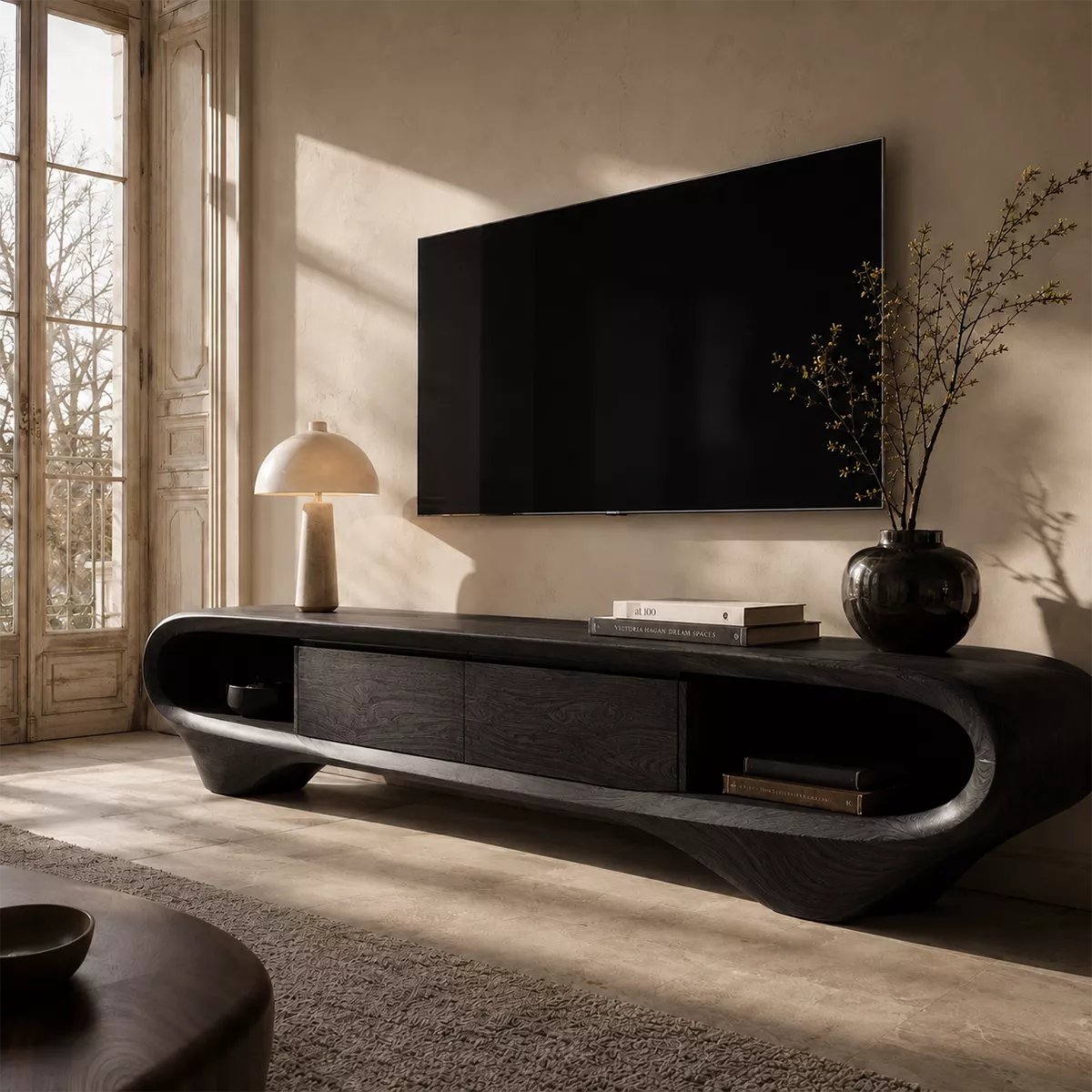 Natural Solid Wood TV Stand with Sculptural Curved Base Minimalist Style - Rustiracraft