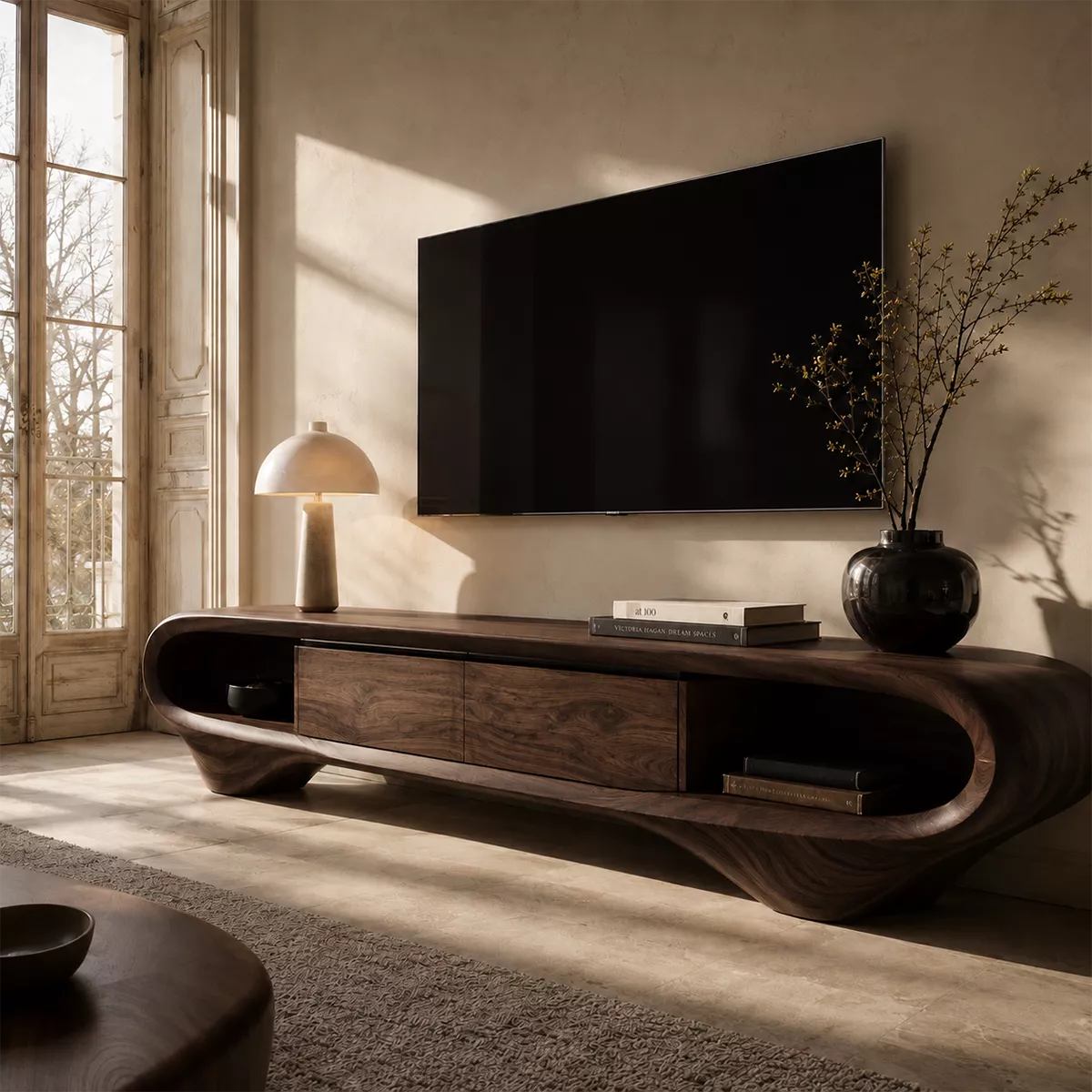 Natural Solid Wood TV Stand with Sculptural Curved Base Minimalist Style - Rustiracraft