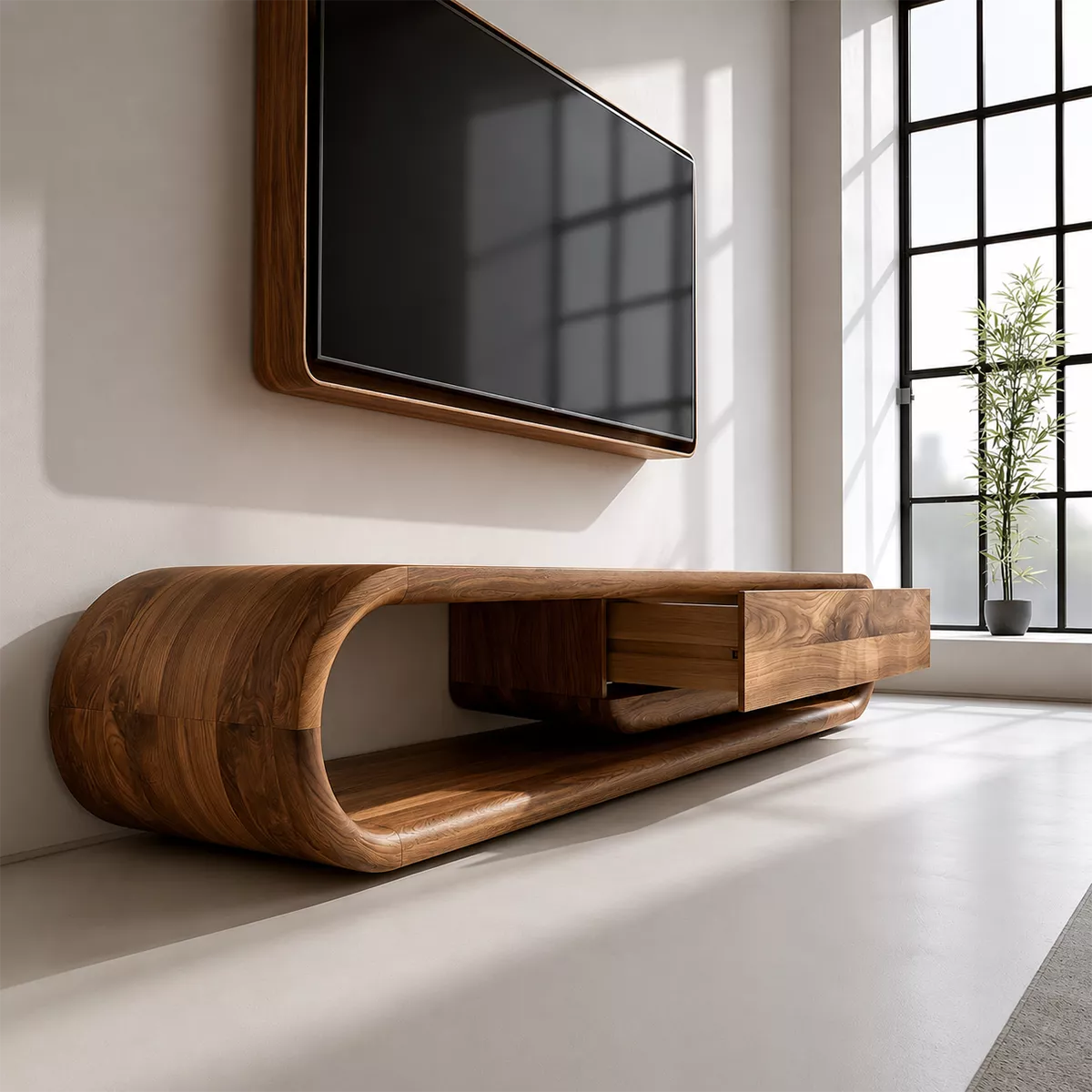 Natural Solid Wood TV Stand with Sculptural Curved Base Modern Design - Rustiracraft