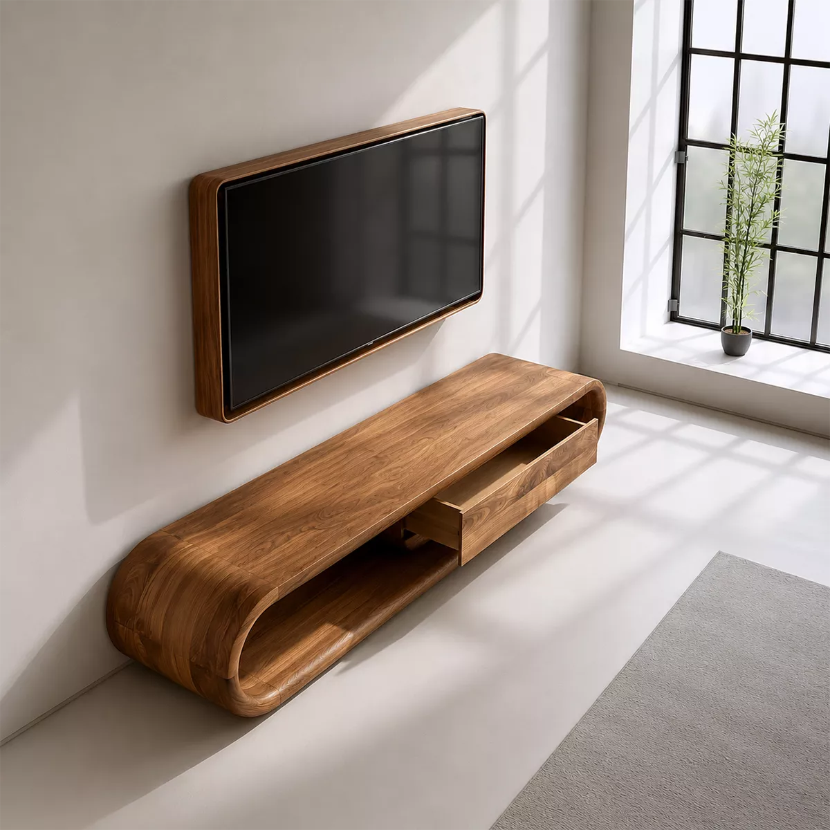 Natural Solid Wood TV Stand with Sculptural Curved Base Modern Design - Rustiracraft
