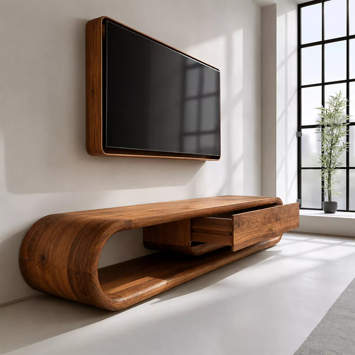 Natural Solid Wood TV Stand with Sculptural Curved Base Modern Design - Rustiracraft