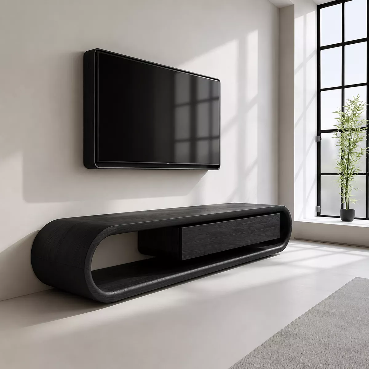 Natural Solid Wood TV Stand with Sculptural Curved Base Modern Design - Rustiracraft