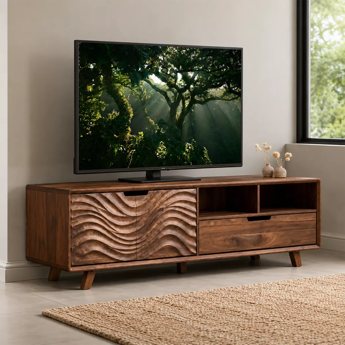 Natural Solid Wood TV Stand with Sculptural Fluted Cabinet Japandi - Rustiracraft