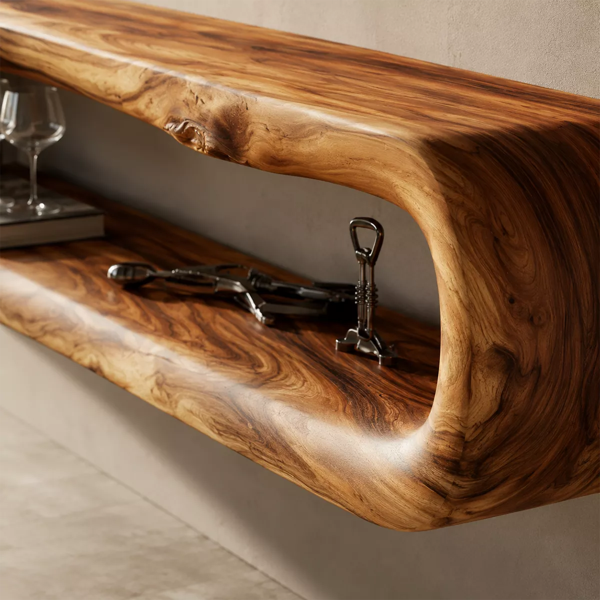 Natural Solid Wood TV Stand with Sculptural Open Nook Minimalist Style - Rustiracraft