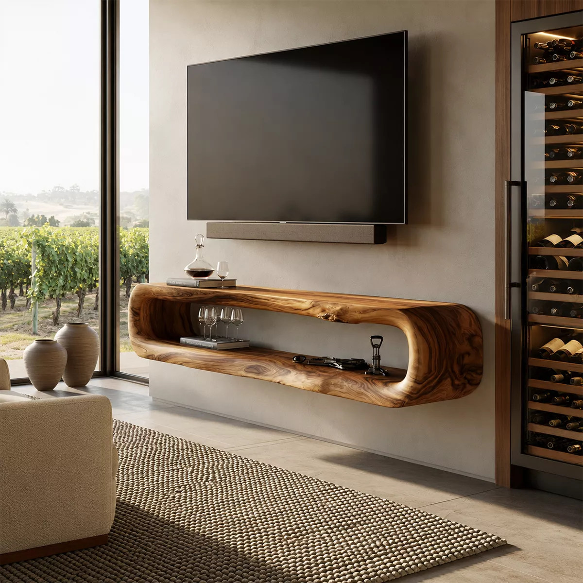 Natural Solid Wood TV Stand with Sculptural Open Nook Minimalist Style - Rustiracraft