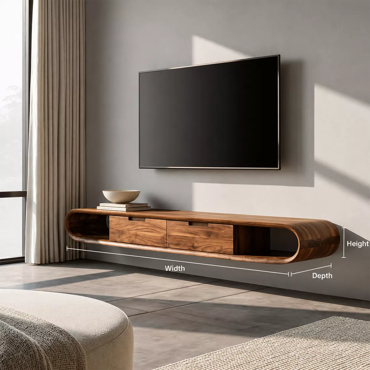 Natural Solid Wood TV Stand with Sculptural Rounded Base Japandi Style - Rustiracraft