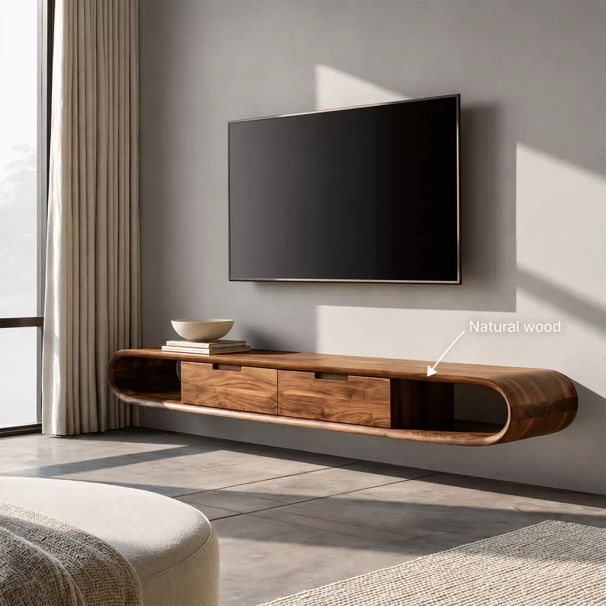 Natural Solid Wood TV Stand with Sculptural Rounded Base Japandi Style - Rustiracraft