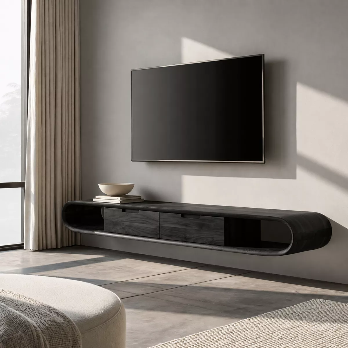 Natural Solid Wood TV Stand with Sculptural Rounded Base Japandi Style - Rustiracraft