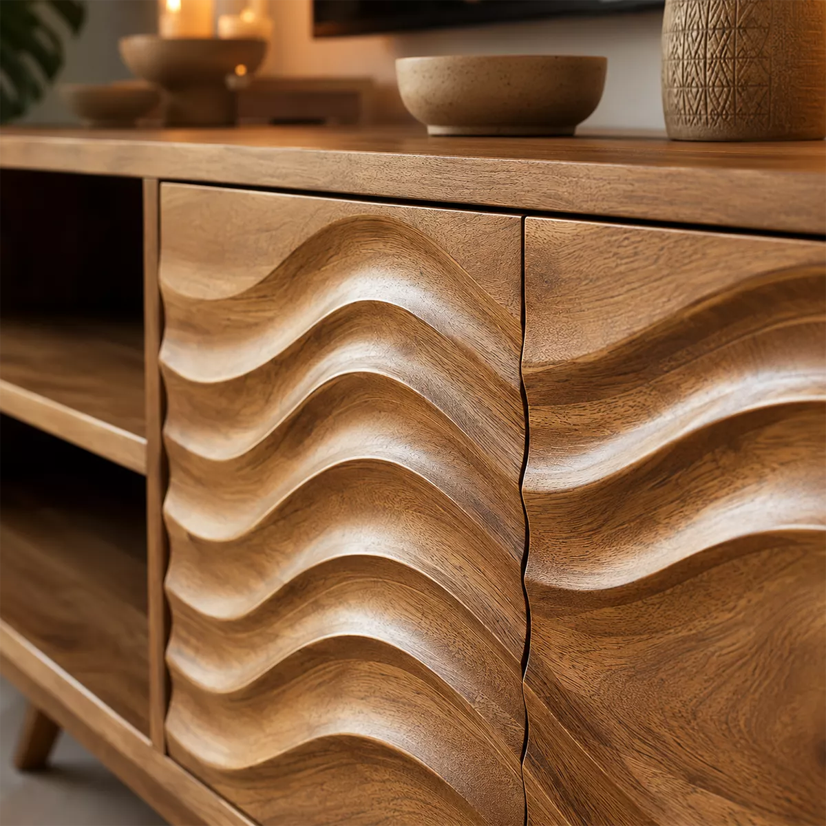 Natural Solid Wood TV Stand with Sculptural Wave Cabinet Doors Modern - Rustiracraft