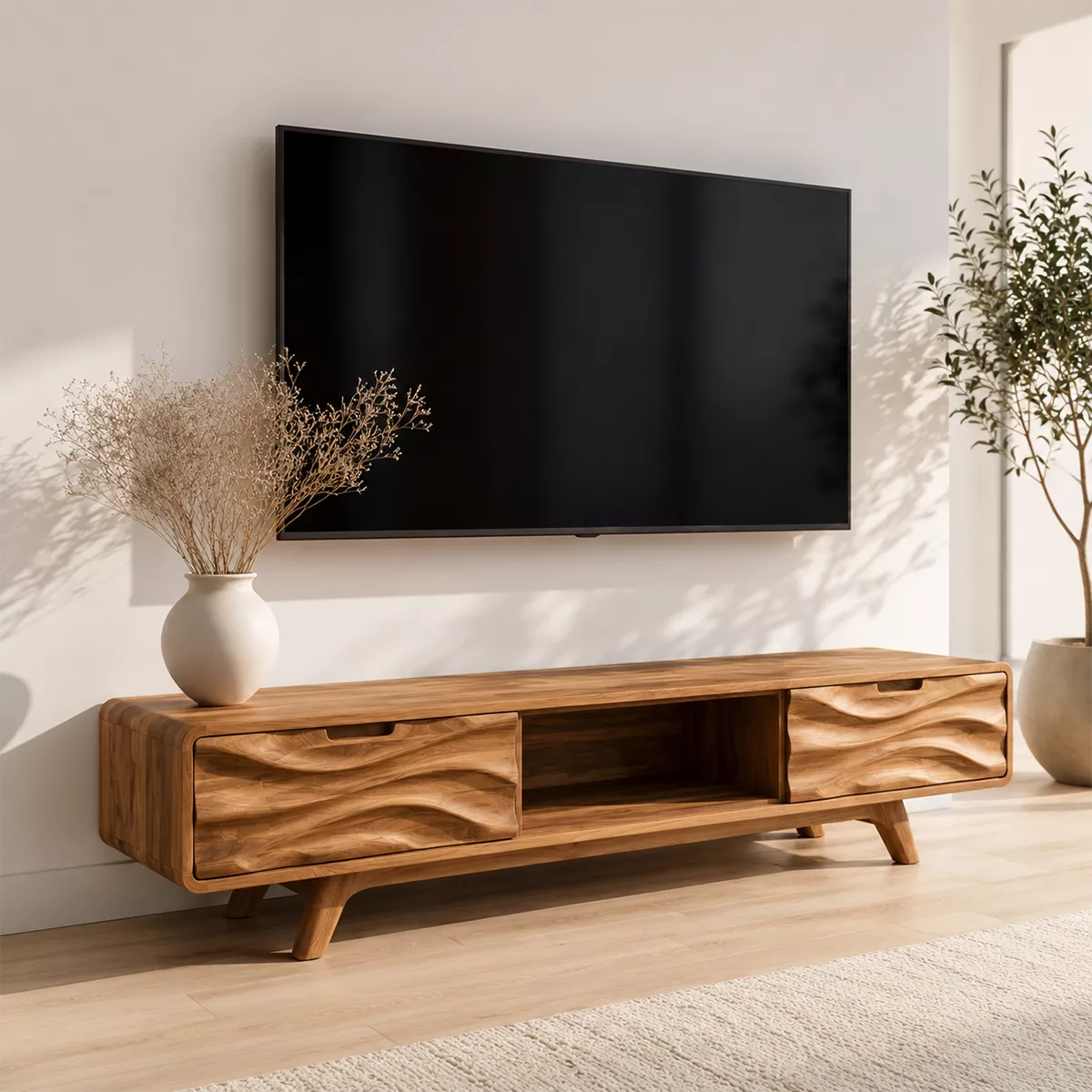 Natural Solid Wood TV Stand with Sculptural Wave Drawers Scandinavian - Rustiracraft