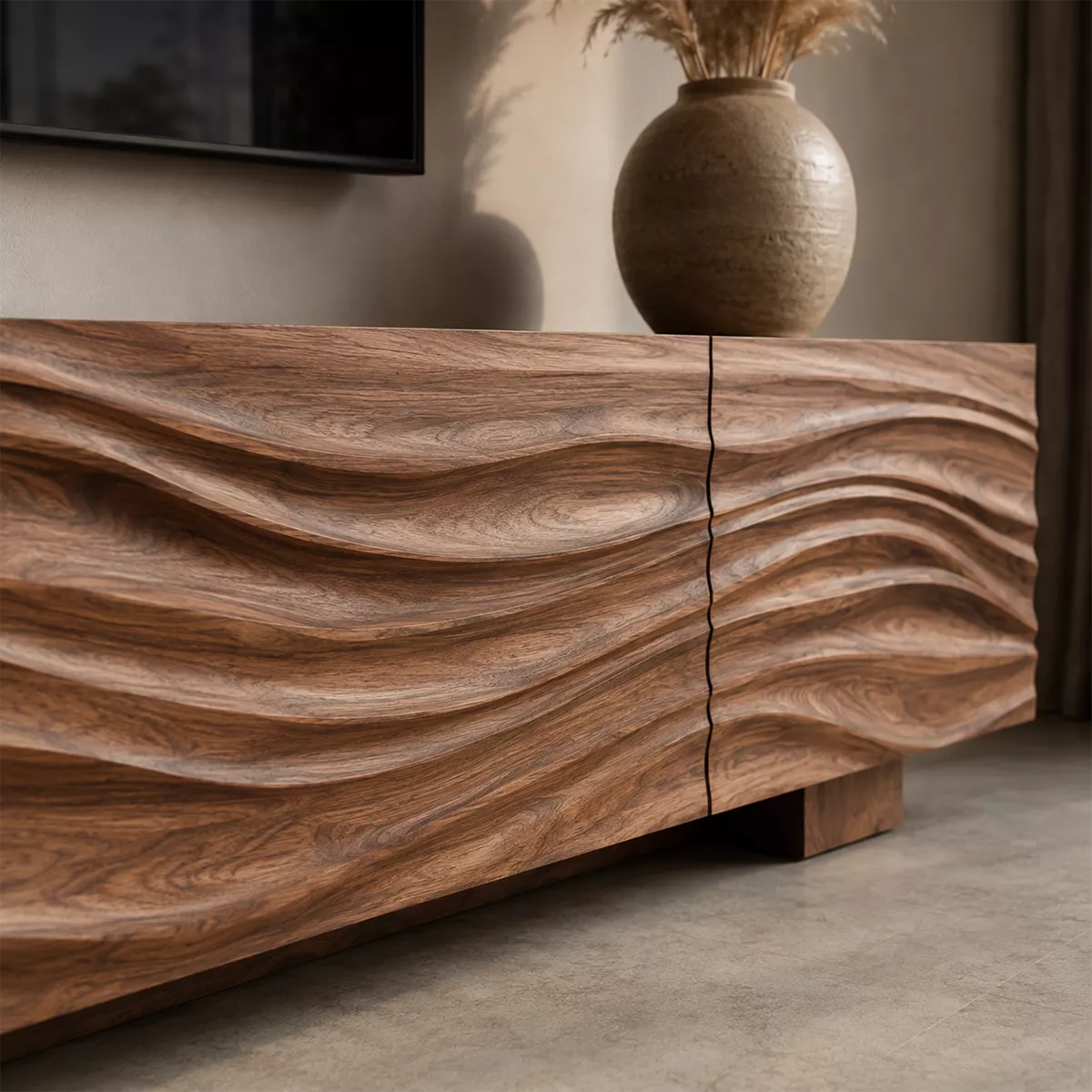 Natural Solid Wood TV Stand with Sculptural Wave Facade Modern Design - Rustiracraft