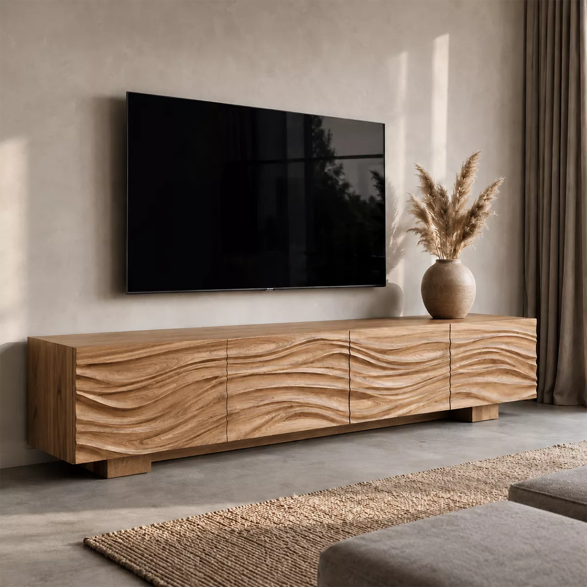 Natural Solid Wood TV Stand with Sculptural Wave Facade Modern Design - Rustiracraft