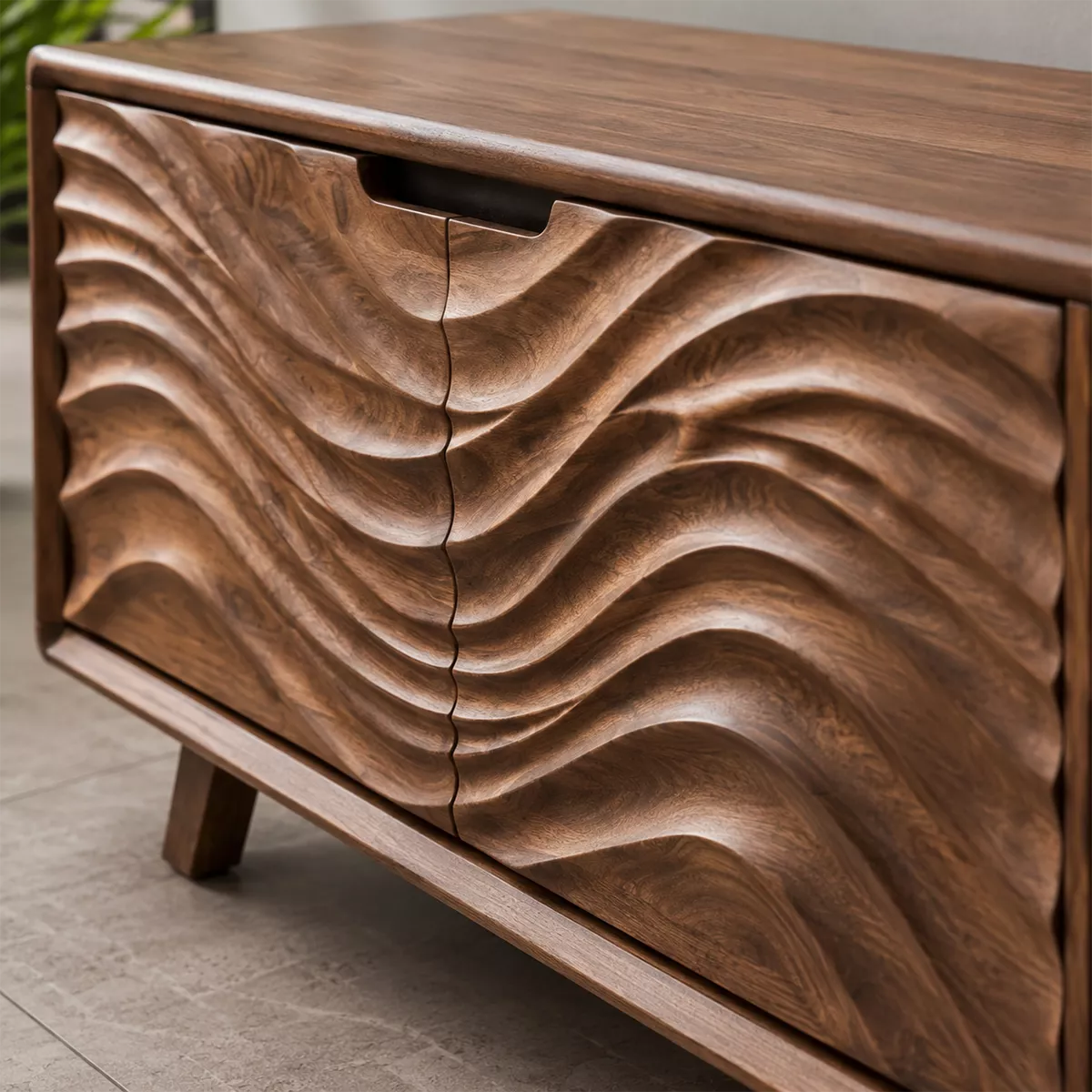 Natural Solid Wood TV Stand with Sculptural Wavy Doors Scandinavian - Rustiracraft