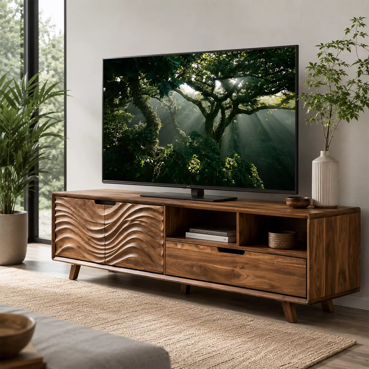 Natural Solid Wood TV Stand with Sculptural Wavy Doors Scandinavian - Rustiracraft