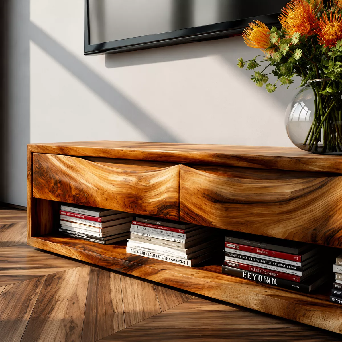 Natural Solid Wood TV Stand with Sculptural Wavy Top Modern Minimalist - Rustiracraft