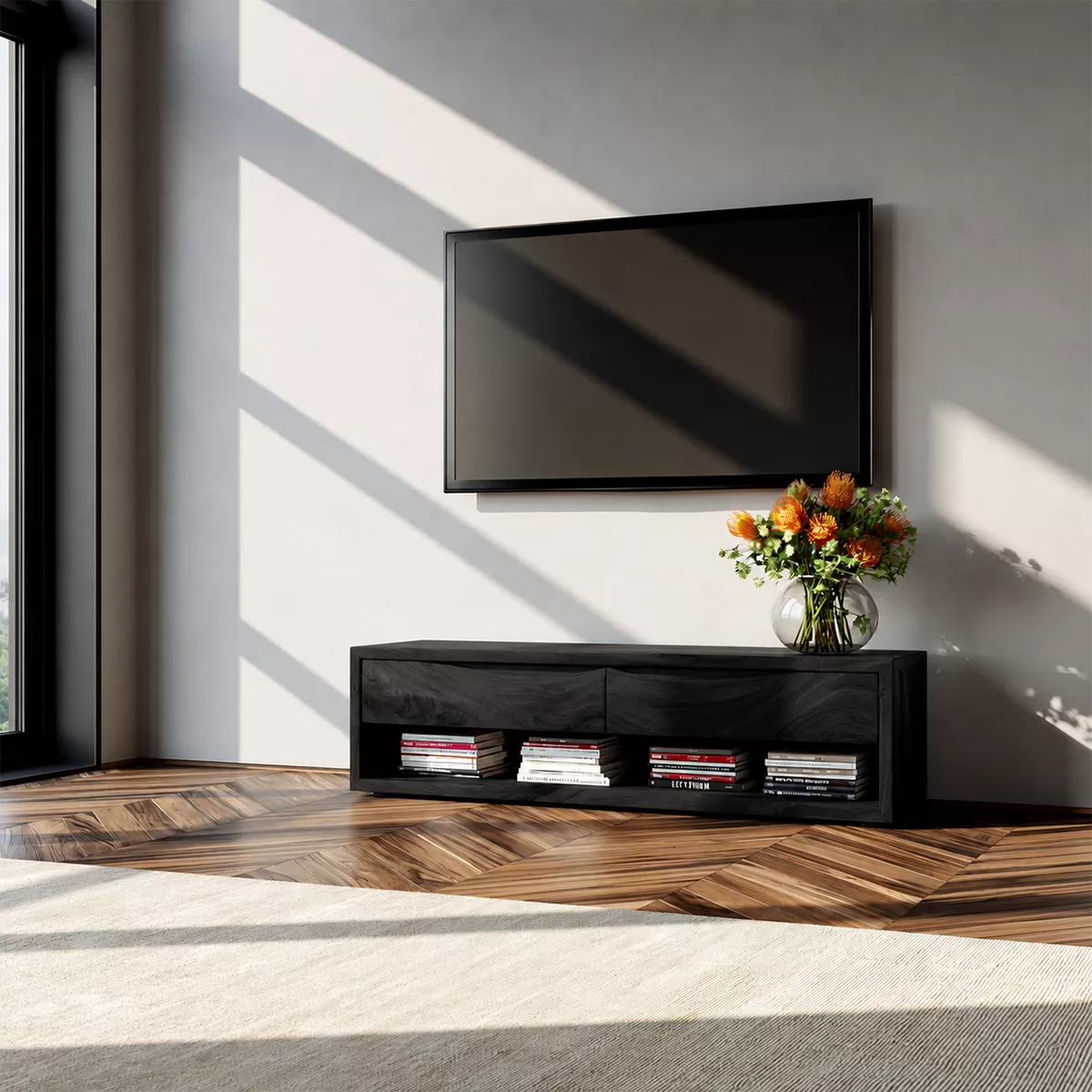 Natural Solid Wood TV Stand with Sculptural Wavy Top Modern Minimalist - Rustiracraft