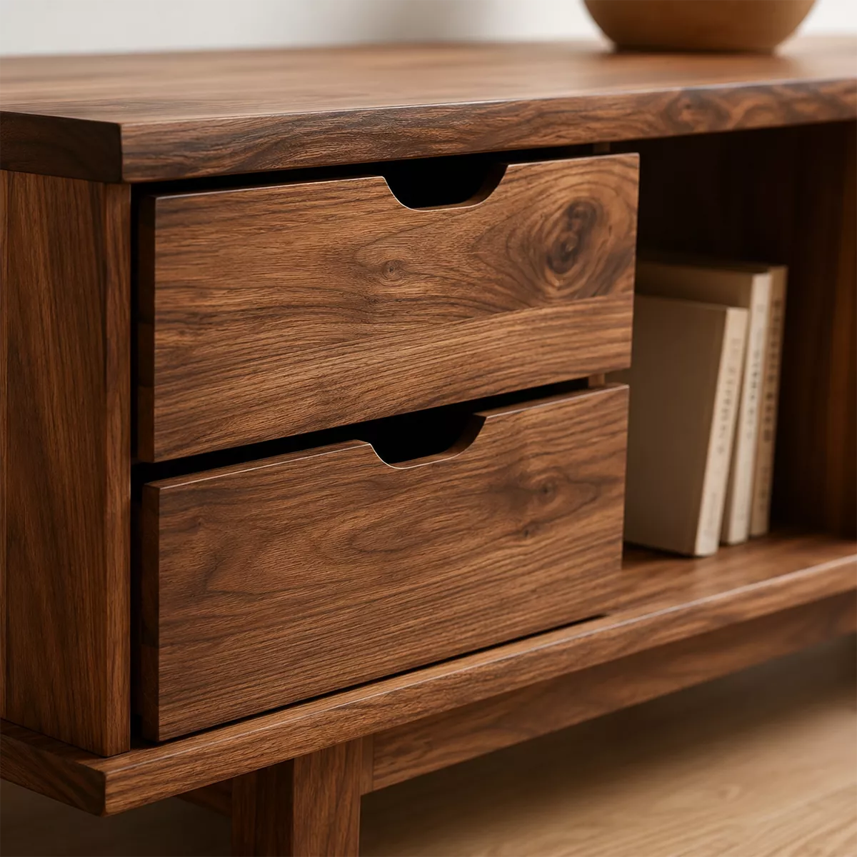 Natural Solid Wood TV Stand with Two Drawers Open Nooks Scandinavian - Rustiracraft