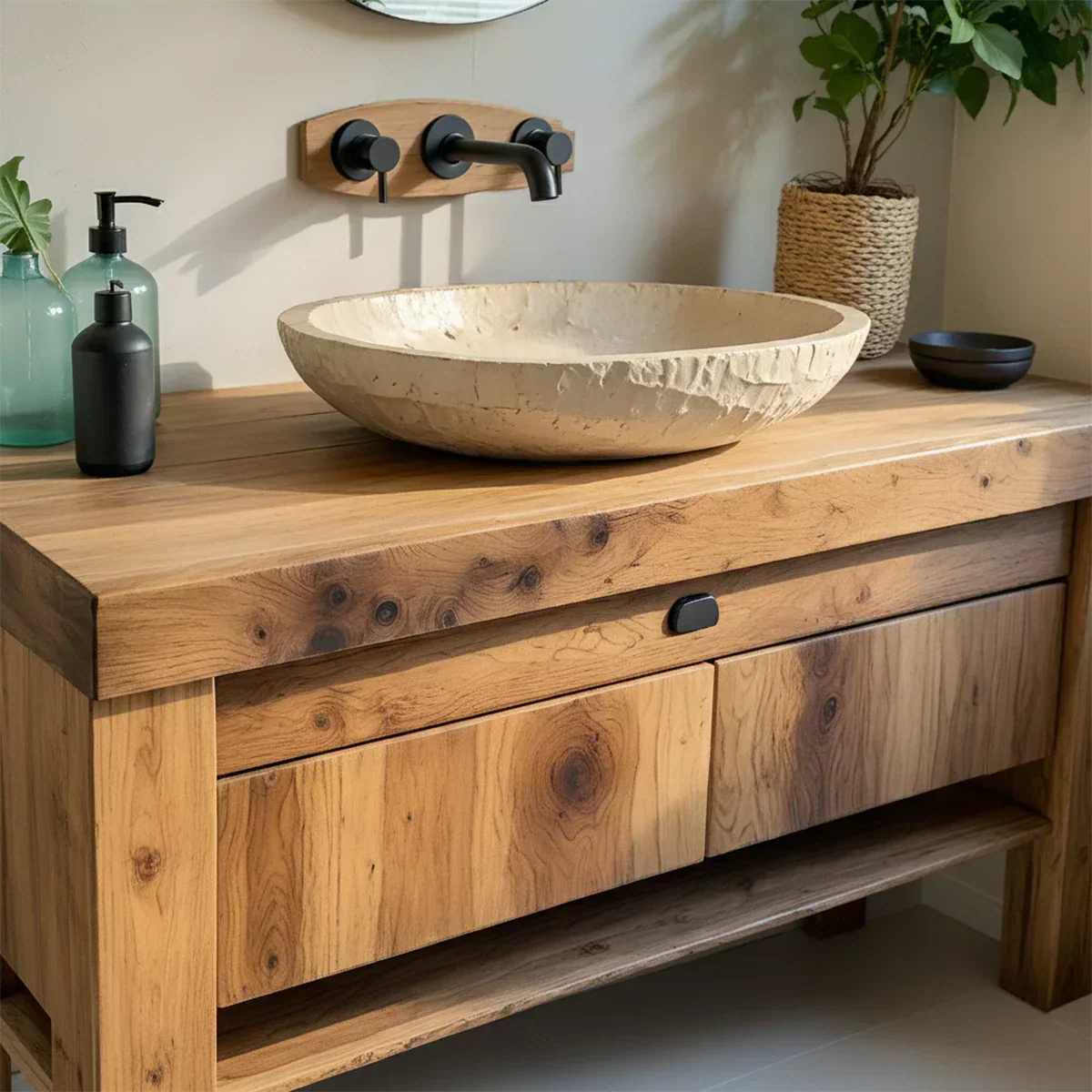 Natural Solid Wood Vanity with Carved Stone Basin - Rustiracraft