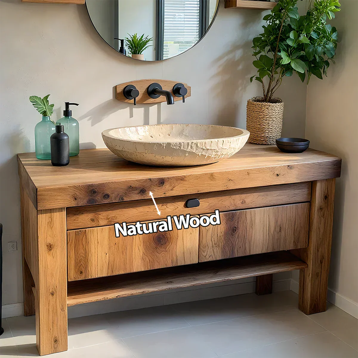 Natural Solid Wood Vanity with Carved Stone Basin - Rustiracraft